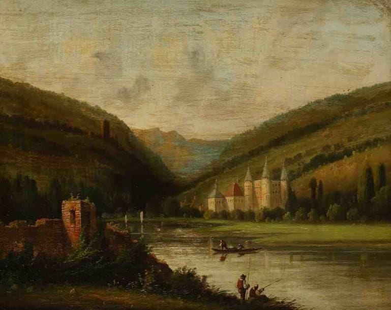 PRÉVOST
Château au bord du lac. Huile sur toile, signée en bas à gauche. 38 x 46 cm. (Restaurations)