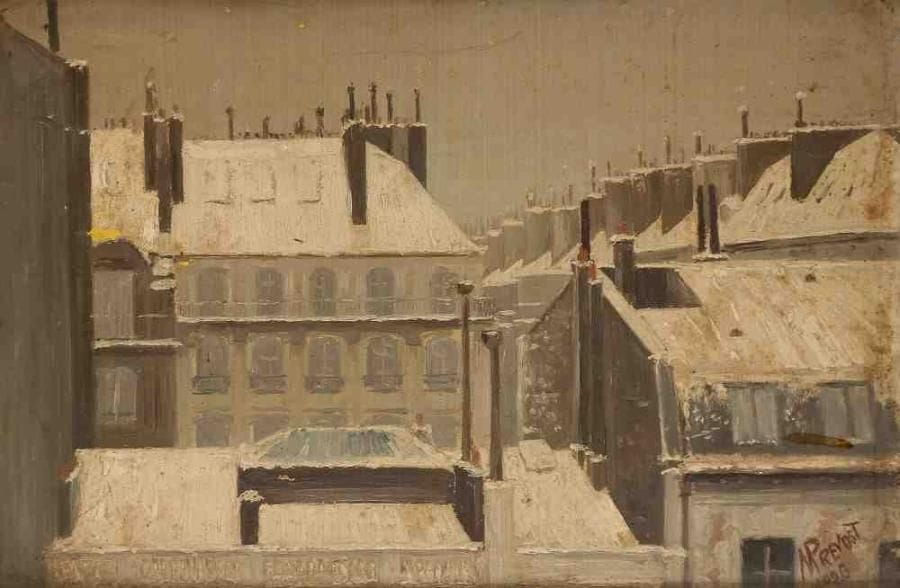M. PRÉVOST
Les toits en hiver, 1926. Huile sur carton, signée et datée en bas à droite. 23 x 33 cm