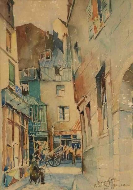 Georges ROSE (18951951)
Paris, rue Saint Julien, le peintre sur le motif, 1927. Aquarelle, signée, datée et située en bas à droite. 36,5 x 26 cm