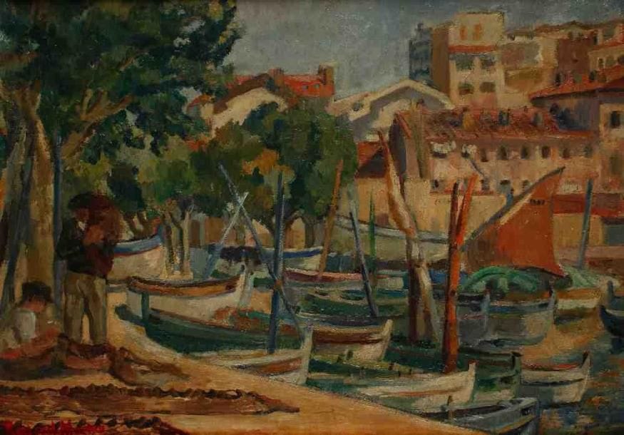 ROUSSEL MASURE (18631918)
Pêcheurs au port remaillant leurs filets. Huile sur toile, signée en bas à gauche. 47 x 64 cm