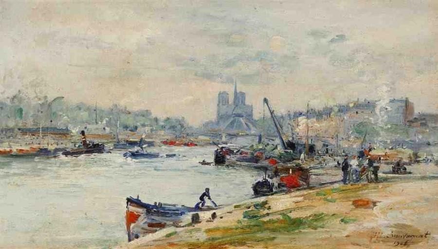 H. SAUVAGNAT
Paris, les quais de Seine au chevet de Notre Dame, 1908. Huile sur toile, signée et datée en bas à droite. 27,5 x 46,5 cm. (Écaillure, restaurations)