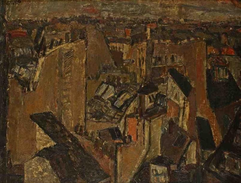 Armand SINKO (Né en 1934)
La ville. Huile sur panneau, signée en haut à gauche. 50 x 65 cm