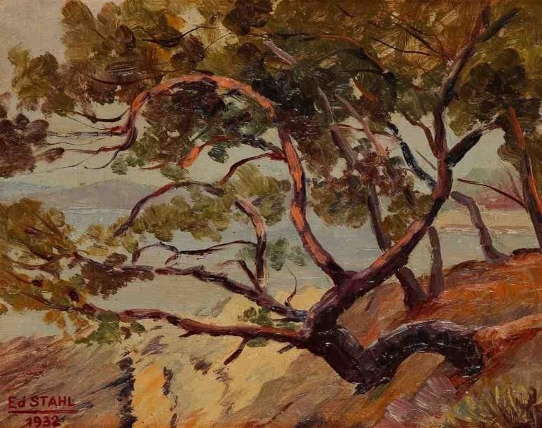 Ed. STAHL
Les pins maritimes, 1932. Huile sur carton toilé, signée et datée en bas à gauche. 22 x 26,5 cm