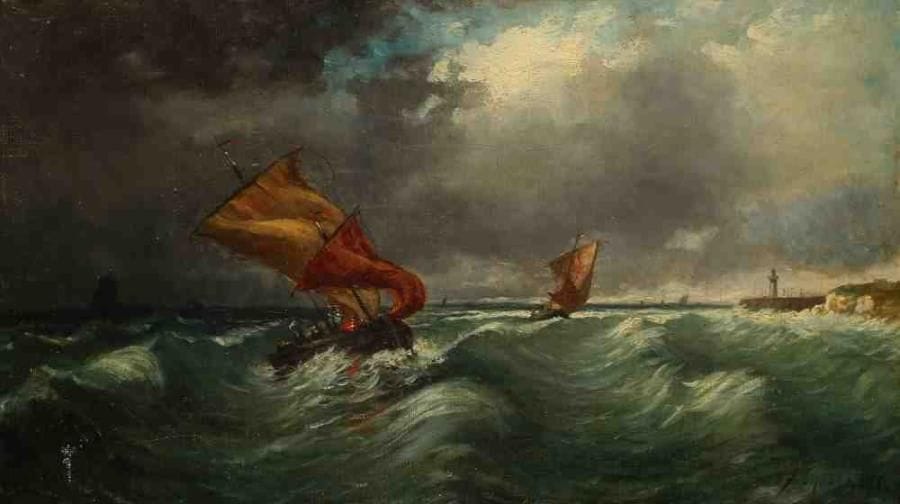 F. CHOLET
Voiliers par gros temps, 1868. Huile sur toile, signée et datée en bas à droite. 27 x 46 cm. (Restaurations)