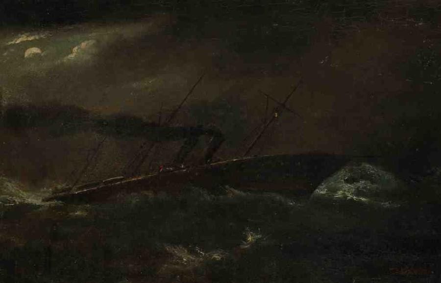 GabrielLouis VIAUX (18621943)
Vapeur dans la tempête, 1906. Huile sur toile, signée et datée en bas à droite. 27 x 41 cm. (Restaurations)