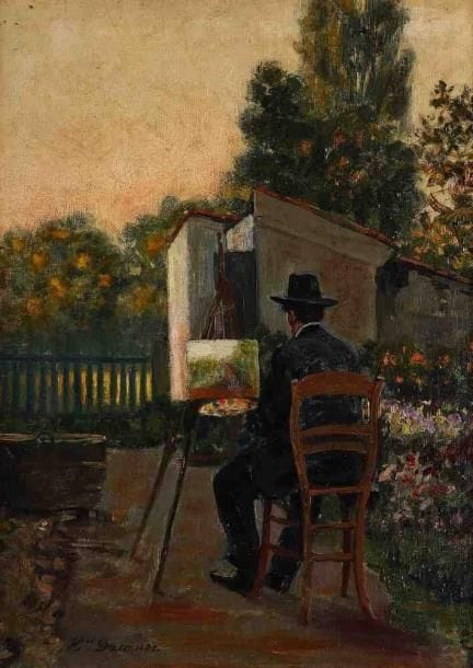 Henri DACO (18641932) [Belge]
Le peintre sur le motif, 1900. Huile sur toile, signée et datée en bas vers la gauche. 40 x 30 cm. (Accidents)