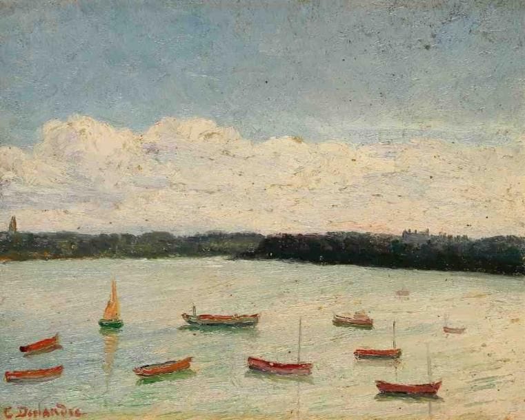 C. DESLANDRE
Marine à la voile jaune. Huile sur panneau, signée en bas à gauche. 21 x 26 cm