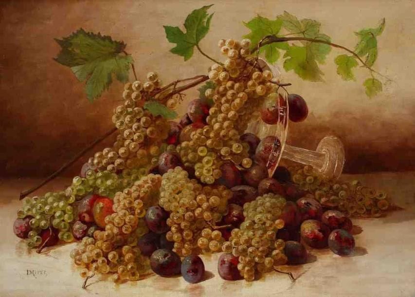DREVET
Raisins et prunes. Huile sur toile, signée en bas vers la gauche. 54 x 75 cm. (Accidents et restaurations)