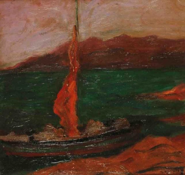 Léopold DREY (18791953)
La voile rouge. Huile sur carton, signée en bas à droite. 53 x 54 cm