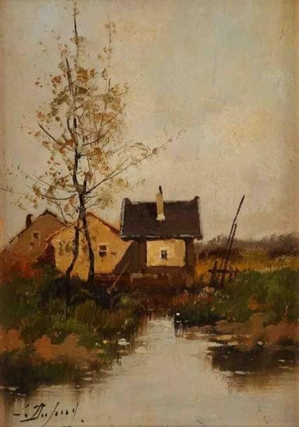 Louis DUPUY
Maison en bord de rivière. Huile sur panneau, signée en bas à gauche. 22 x 16 cm. (Restaurations dans le ciel)