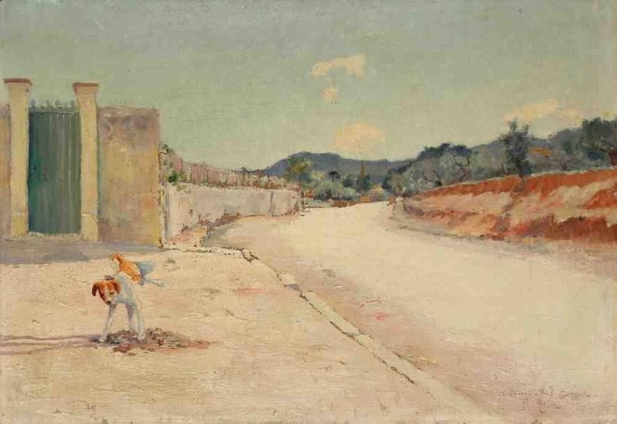 Paul AUBIN (Actif entre 1892 et 1914)
Le chien. Huile sur toile, signée et dédicacée en bas à droite. 32 x 46,5 cm. (Griffures)
