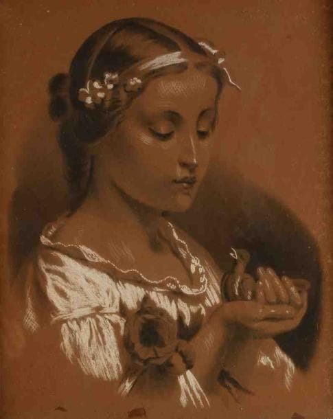ÉCOLE DU XIXe SIÈCLE
Jeune fille à l'oiseau. Dessin au fusain rehaussé de craie blanche. 37 x 32 cm