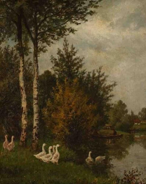 ÉCOLE FRANÇAISE
Les oies. Huile sur toile, porte une signature Rousseau en bas à gauche. 64 x 53 cm