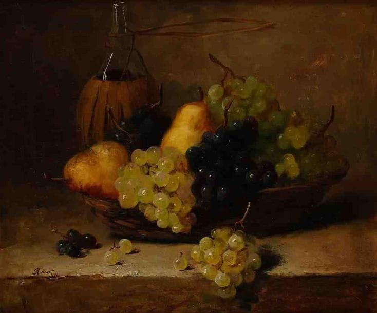 ÉCOLE FRANÇAISE
Poires et raisins. Huile sur toile, porte une signature et une date vers le bas et vers la gauche. 48,5 x 57,5 cm. (Restaurations)