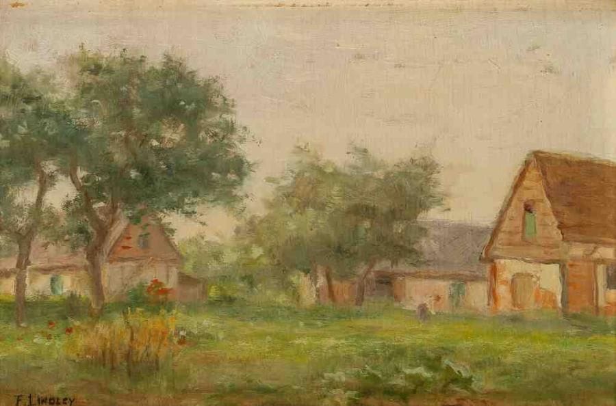 ÉCOLE FRANÇAISE
Femme au jardin. Huile sur panneau, porte une signature F. Lindley en bas à gauche. 16 x 24 cm