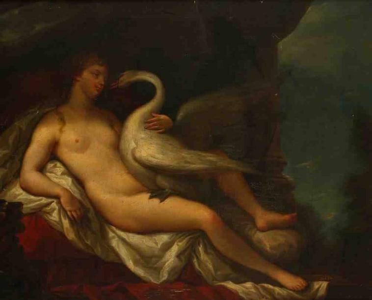 ÉCOLE FRANÇAISE
Léda et le cygne. Huile sur toile. 59 x 73 cm. (Accidents et restaurations)