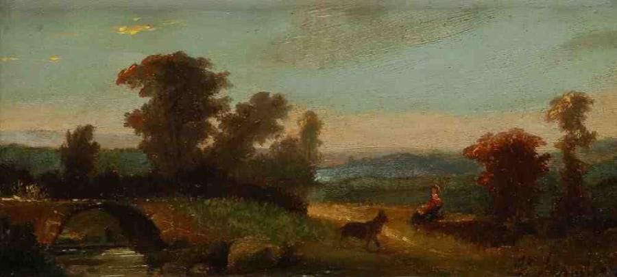 ÉCOLE FRANÇAISE
Paysanne et son chien. Huile sur panneau, porte une signature en bas à droite. 11,5 x 23,5 cm