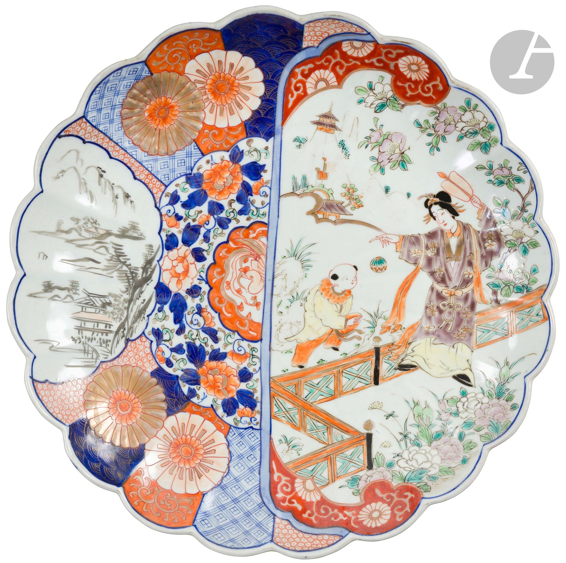 Japan  
Six porcelain lobed round bowls and dishes with blue, red and gold Imari decoration of woman and children, couple carrying faggots, flowered planters and flowering foliage. 
19th century.  
L. 31 cm to 25 cm.