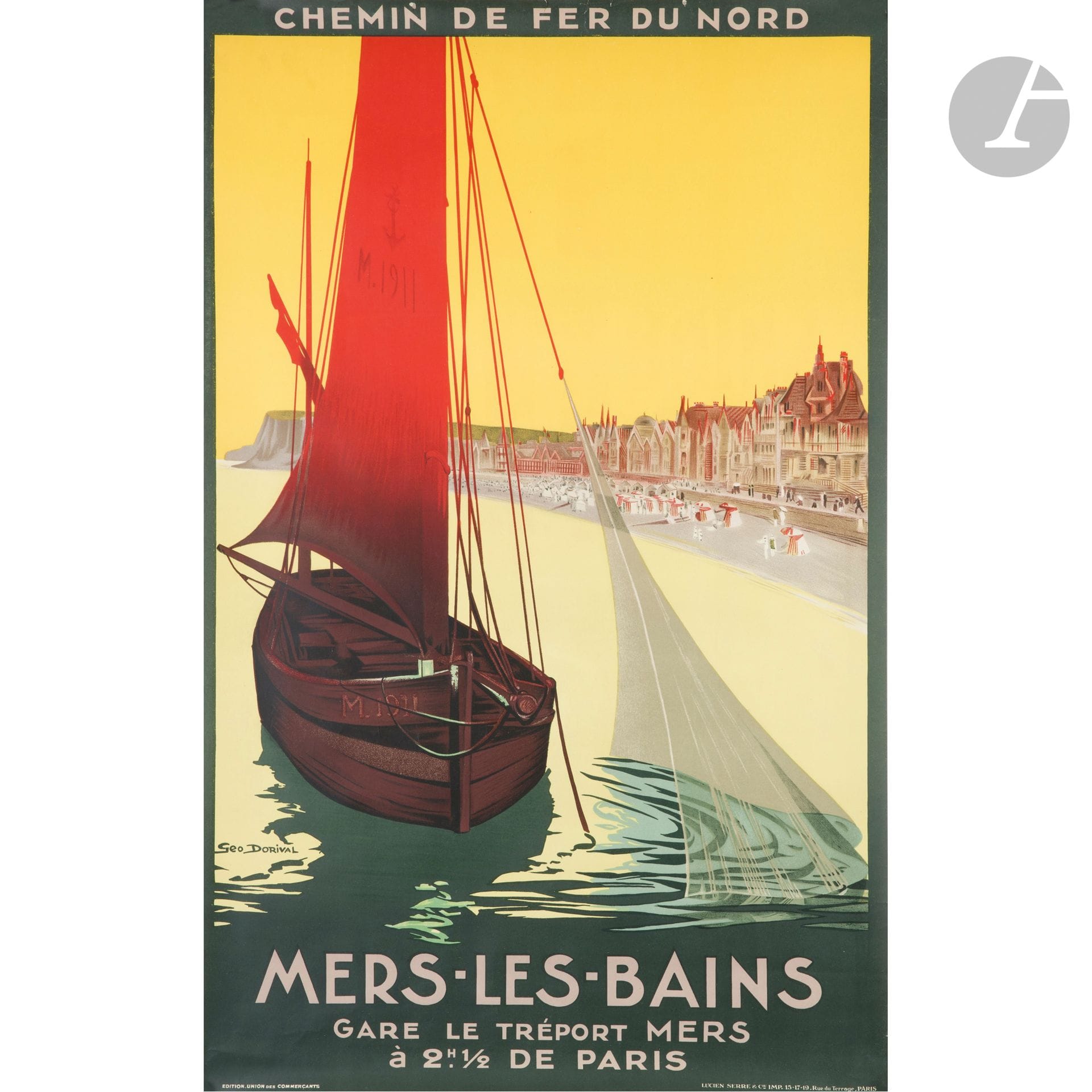 GÉO DORIVAL (1879-1968) (GEORGES DORIVAL, DIT)
Chemin de fers du Nord - Mers-les-Bains, 1911
Chromolithographie. Non entoilée. Imp. Lucien Serre & Cie, Paris. Édition Union des Commerçants. Signée en bas à gauche. 100 x 62 cm 
(Très bon état. Encrage exceptionnel. Il s’agit du premier tirage. La date étant indiquée sur la coque du bateau). 

Bibliographie :
Jean-Charles Giroud - Géo Dorival, Les affiches - Patrick Cramer éditeur, Genève, 2009. Notre affiche reproduite page 150 sous les numéros 540 et 26-1.