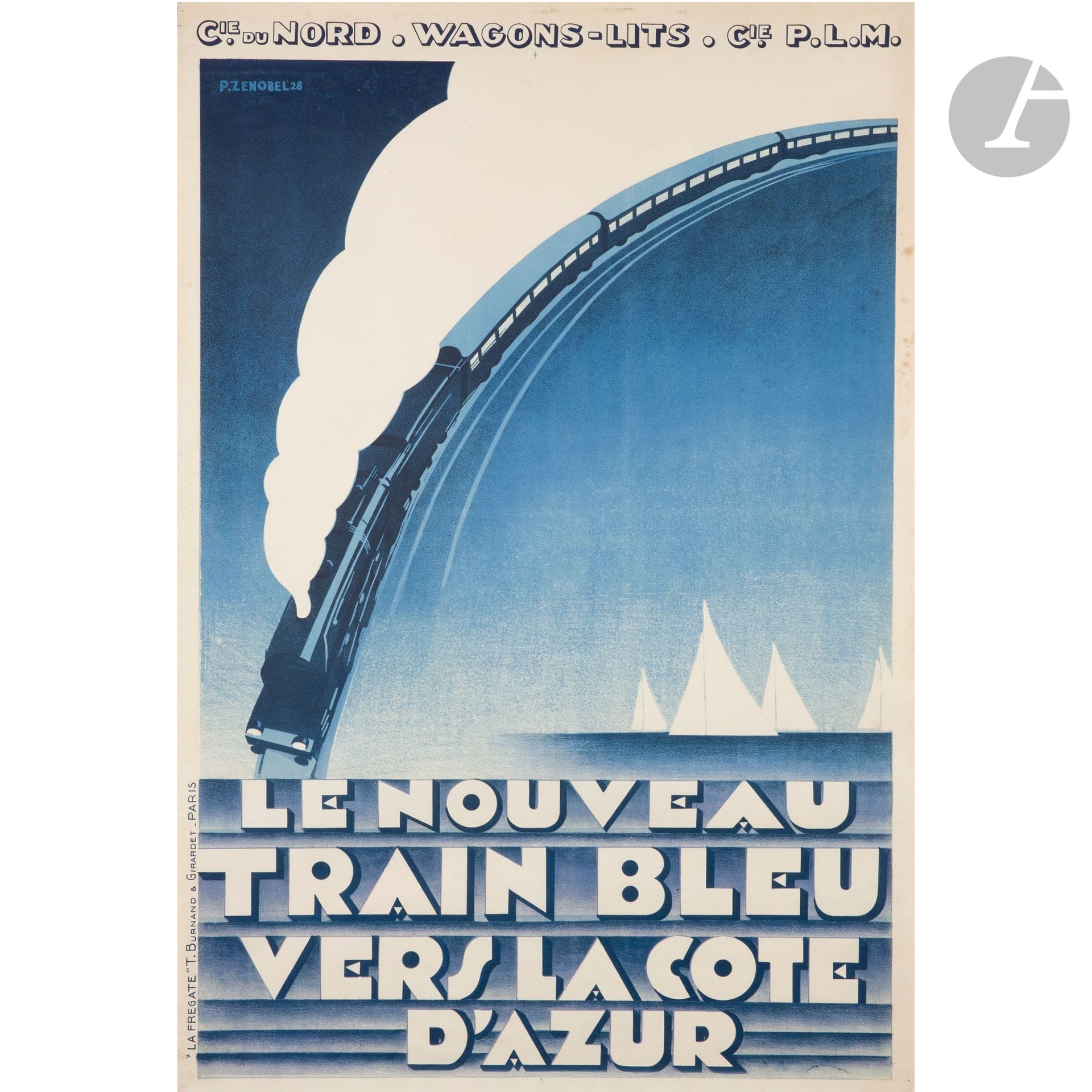 PIERRE ZENOBEL (1905-1986)
Compagnie Nord Wagons-lits et cie P.L.M - Le nouveau train bleu, 1928
Chromolithographie. Non entoilée. Imp. «La Frégate» T. Burnand & Girardet, Paris. Signée et datée en haut à gauche. 100 x 65 cm 
(Très bon état. Un chef d’œuvre de l’affiche ferroviaire - devenu rare).

Bibliographie :
Florence Camard, Christophe Zagrodzki - Le Train à l’affiche : les plus belles affiches ferroviaires françaises - Éditions La Vie du rail, Paris, 1989. Affiche reproduite page 127 sous le numéro 274.