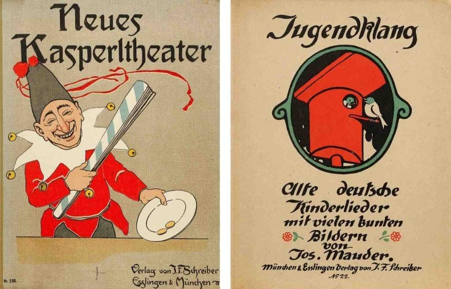 MEGGENDORFER (Lothar)
Neues Kasperltheater. [Nouveau théâtre de marionnettes]. Mit Zeichnungen von L. Meggendorfer. Verlag von J. F. Schreiber. Esslingen & Munchen. [Vers 1905]. In - 8 (22,8 x 18 cm). 47, (1) pp.: album de l'éditeur, dos de toile gris - vert, premier plat lithographié en couleurs, Kasper avec deux sous dans une assiette. {CR}Rare ouvrage, surtout en premier tirage, de Lothar Meggendorfer (1847 - 1925), expert dans l'art du dessin et du comique. Sept pièces de théâtre de marionnettes mettant en scène Kasper, le Polichinelle allemand. Illustrations en couleurs et en noir, chaque page ornée de feuillages en tête et en pied. Publié et imprimé par la célèbre maison de Jakob Ferdinand Schreiber. {CR}On joint: {CR}MAUDER (Josef). Jugendklang. Alte deutsche Kinderlieder mit vielen bunten Bildern von Jos. Mauder. Verlag von J. F. Schreiber. Esslingen & Munchen. [1909]. In - 8 (22,7 x 17,8 cm).: cartonnage de l'éditeur de papier beige clair lithographié en noir, vert et rouge vif, deux oiseaux dans leur nichoir dans un ovale, gardes illustrées. {CR}Premier tirage des 25 lithographies en couleurs à pleine page de Josef Mauder (1884 - 1969). Caricaturiste et illustrateur, il prit la suite de Lothar Meggendorfer dans le journal satirique Fliegende Blätter. Titre et 24 dessins simplifiés centrés sur la page blanche, aux vifs coloris, un par refrain accompagné de sa musique notée