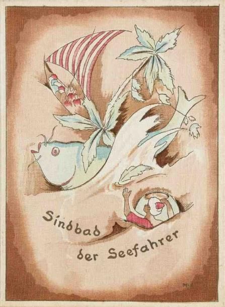 [Reliures aquarellées au pochoir].{CR}DULAC (Edmund). Prinzessin Badura. Ein Märchen aus den Arabischen Nächten mit 10 Bildern von Edmund Dulac. Verlag Müller & Co. Potsdam. 1920. Grand in - 8 (26,3 x 19,5 cm). 113, (2) pp., 10 planches: reliure de l'éditeur de toile bise, illustrée d'une composition mise en couleurs sur le premier plat. {CR}Première édition allemande. Belle illustration de couverture mise en couleurs au pochoir et dix planches tirées sur papier couché et appliquées d'après les aquarelles d'Edmond Dulac, semblables à des miniatures persanes. {CR}DULAC (Edmund). Sinbad der Seefahrer. Die Geschichte der Prinzessin von Deryabar. Mit Bildern von Edmund Dulac. Müller & Co. Verlag. Potsdam. [1920]. Grand in - 8 (26 x 19,7 cm). 134, (1) pp., 14 planches: reliure de l'éditeur de toile blanc cassé, illustrée d'une composition mise en couleurs sur le premier plat. {CR}Première édition allemande. Réunion de deux contes des Mille et une nuits illustrée de quatorze planches en couleurs d'Edmond Dulac (1882 - 1953), tirées sur papier couché et appliquées. Etonnante reliure de l'éditeur avec un premier plat mis en couleurs au pochoir, le dessin de Sinbad au milieu des flots a été réalisé par Curt Möller - Fernau
