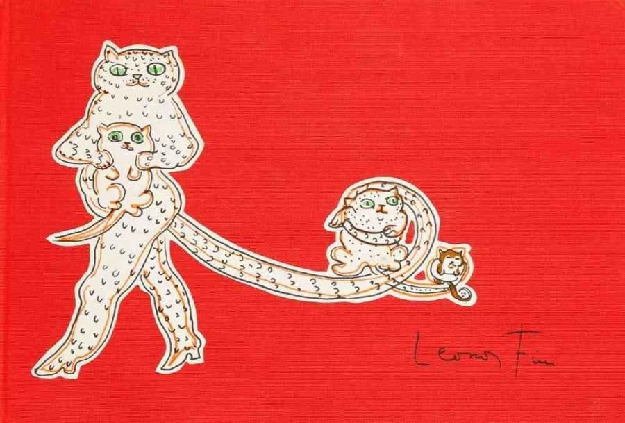 FINI (Leonor)
[Chats]. Galerie Lambert Monet. Genève. [1970]. In - 8 oblong (16,8 x 24,6 cm). (49) planches en couleurs: reliure de l'éditeur de toile rouge, composition de quatre chats sur papier fort découpée et appliquée sur le premier plat. {CR}Recueil de 49 planches de chats dessinés en couleurs, imprimés en rectos, réalisé à l'occasion d'une exposition de l'artiste Leonor Fini (1908 - 1993) à la Galerie Lambert Monet de Genève. Dessins aux feutres de couleurs vives et chats dans tous les états
