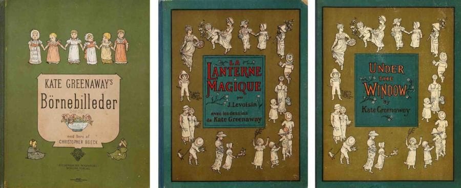 GREENAWAY (Kate)
La Lanterne magique. Par J. Levoisin avec les dessins de Kate Greenaway. Librairie Hachette et Cie. Paris. [1880]. In - 8 (24 x 19,3 cm). 64 pp.: album de l'éditeur, dos de toile bleu - vert, plats glacés illustrés à l'identique sur fond vert lierre et vert olive, ronde d'enfants en blanc et rose encadrant un pavé portant le titre, tranches orange. {CR}Première édition française gravée par Edmund Evans comme l'édition originale anglaise, Under the Window. J. Levoisin est le pseudonyme de Jules Girardin. Coins frottés.  {CR}GREENAWAY (Kate). Kate Greenaway's Börnebilleder. Med Vers af Christopher Boeck. Gyldendalske Boghandel Nordisk Forlag. [Copenhague. Vers 1890]. In - 8 (23,7 x 19 cm). 28, (1) ff.: cartonnage de l'éditeur, dos de toile verte, plats illustrés en couleurs, fond vert. {CR}Rare édition danoise d'Under the Window uniquement illustrée en rectos. Charnières intérieures renforcées avec une bande de toile