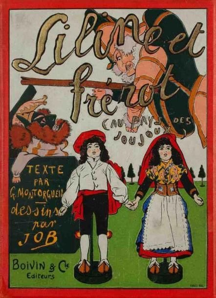 JOB et MONTORGUEIL (Georges)
Liline et Frérot au pays des joujoux. Boivin & Cie Editeurs. Paris. [Vers 1910]. In - 4 (32,2 x 24,2 cm). (2) ff., 59 pp.: cartonnage de l'éditeur de percaline rouge, plaque polychrome et dorée figurant un couple de poupées soclées ménacé par le baton de Polichinelle, diable dans sa boîte à gauche (J. Fau), plats biseautés, tête dorée. {CR}Un des albums les plus touchants de Job avec une illustration plus stylisée au large trait noir et des couleurs vives. Jouets figurés en couleurs à chaque page, texte s'adaptant à l'image, animaux et double page de soldats de bois soclés