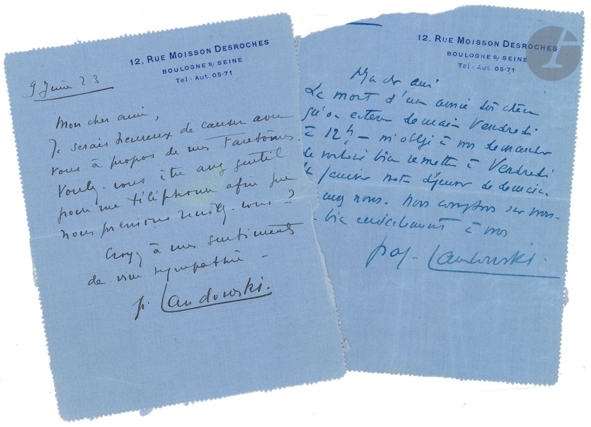 Paul LANDOWSKI (1875-1961). 3 L.A.S., Boulogne s/ Seine 1923-[1926], à Henry de Montherlant ; 1 page oblong in-8, et 2 pages in-12 avec adresse.


 11 avril 1923, invitation à déjeuner avec Mme Paul Adam et Camille Mauclair. " Je vous montrerai Les Fantômes complètement terminés "... - 9 juin 1923, il aimerait lui parler de ses Fantômes. - [27.XII.1926]. L'enterrement d'un " ami très cher " l'oblige à remettre leur rencontre.
 On joint une L.S. à un candidat à l'Institut (21 novembre 1934), et une carte de visite autogr.