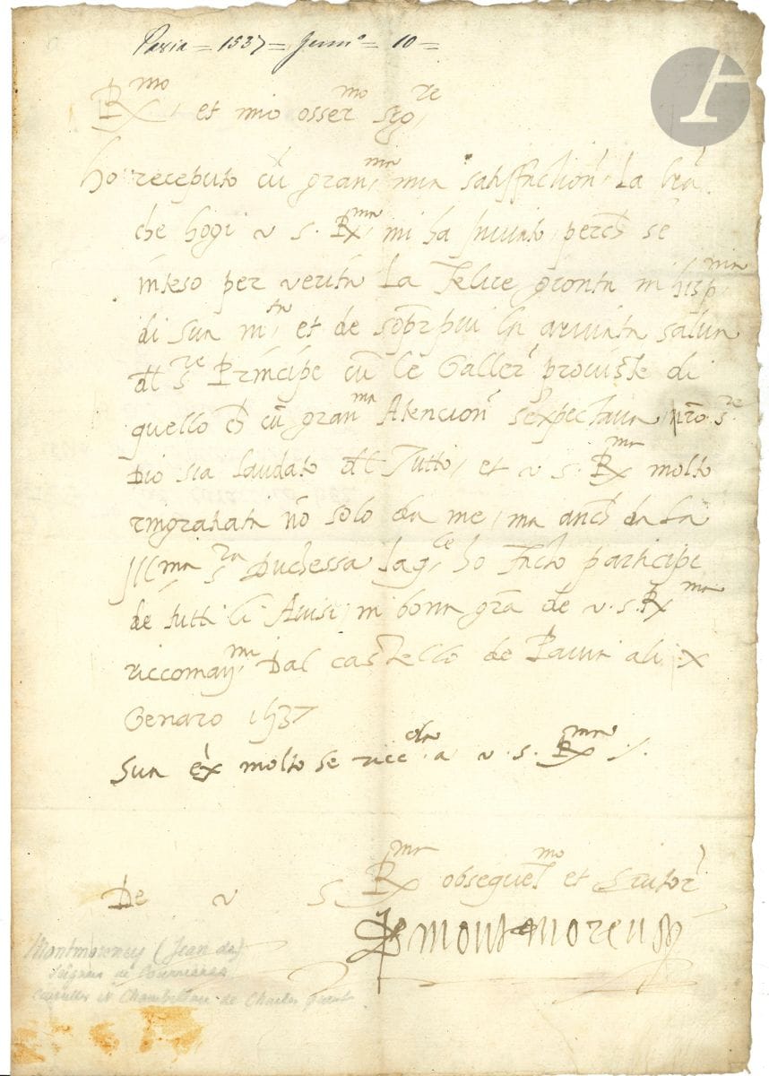 Famille de MONTMORENCY. 4 P.S. ou L.S., 1537-1596 ; 1 page in-fol. chaque ; la dernière sur vélin.


 Jean de Montmorency, seigneur de Courrières (Pavie 1537, au cardinal Caracciolo). Guillaume de Montmorency (Paris 1568). François de Montmorency (Paris 1576, au duc de Parme). Charles de Montmorency, seigneur de Dampville (Vigny 1596).