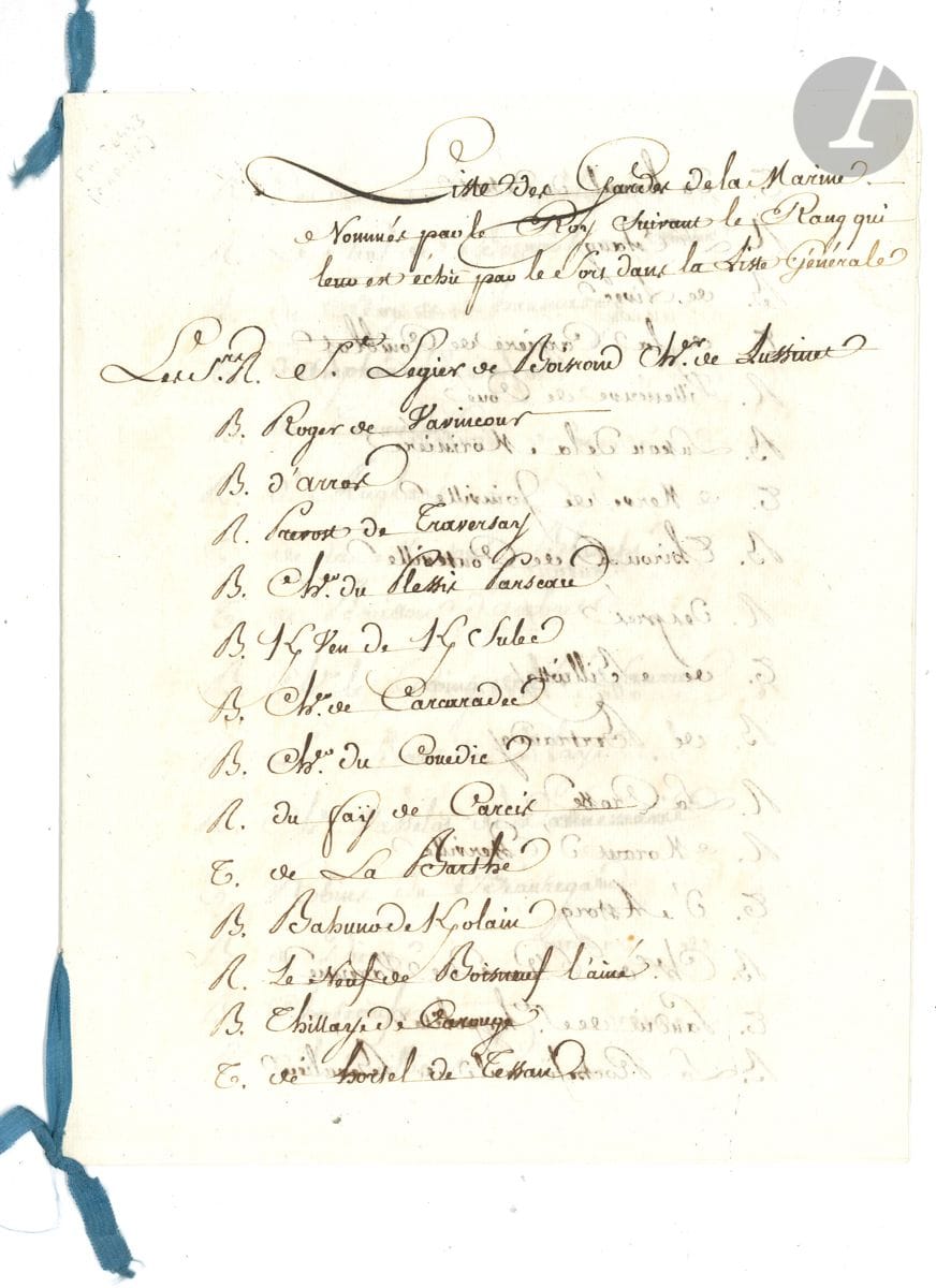 MARINE. Manuscrit, Liste des Gardes de la Marine nommés par le Roy suivant le rang qui leur est échu par le sort dans la liste générale, [Versailles, 12 août 1779] ; cahier de 7 pages in-4, lié par des rubans de soie bleue.


 Liste manuscrite, de l'époque, de 90 gardes-marine, dont 43 sont affectés au port de Brest, 24 à Rochefort et 23 à Toulon. On y relève notamment : La Crosse (Jean-Baptiste Raymond, futur préfet colonial de la Guadeloupe) et du Roy de Chaumarey (Jean Hugues Duroi de Chaumareys, futur commandant de la Méduse).
 Provenance : archives personnelles de François Aymar, chevalier, puis baron de Monteil.