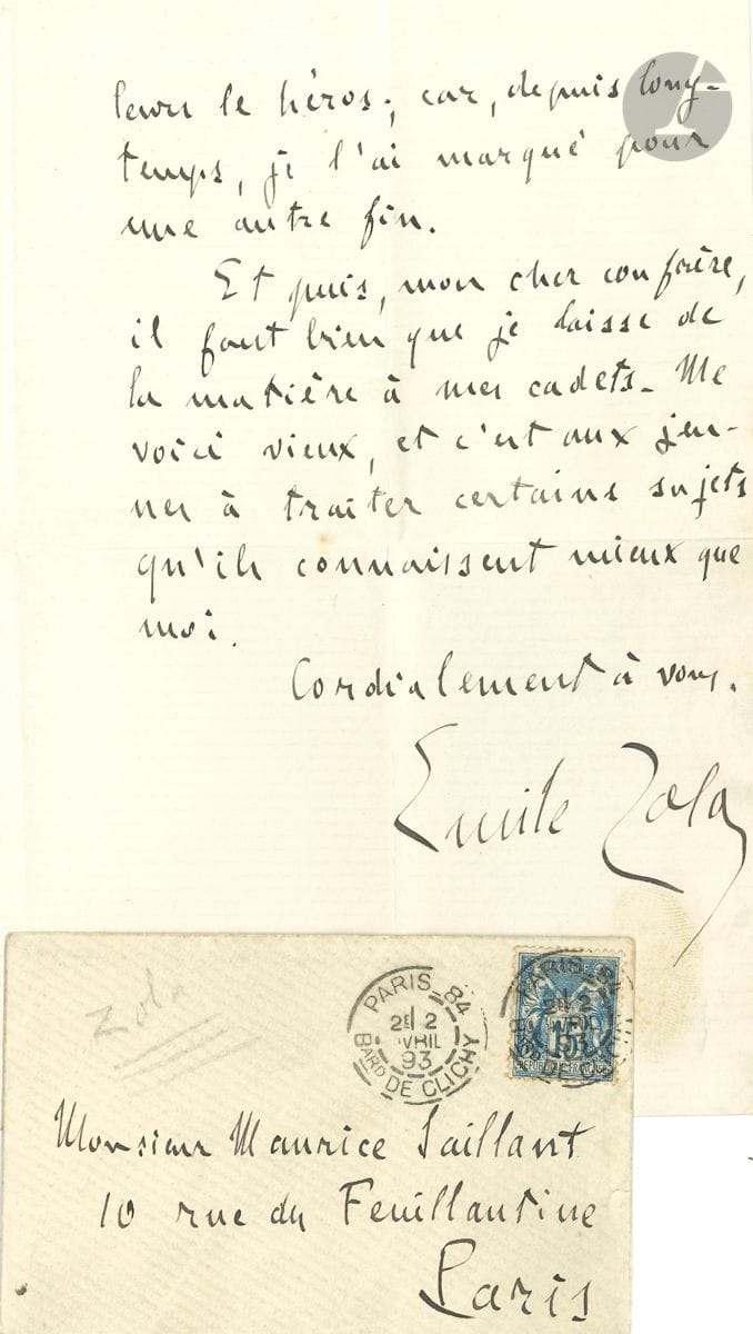 Émile ZOLA (1840-1902). L.A.S., Paris, 1er avril 1893, à Maurice Saillant [Curnonsky] ; 2 pages in-8, enveloppe. 


 Il est débordé de travail mais a été vivement intéressé par l'article de Saillant dans le Journal : " il serait curieux et très instructif d'écrire un roman sur l'Université. Seulement, il est trop tard pour que j'introduise ce roman dans la série de ceux que je termine. Le petit Charles, dont vous me parlez, n'en saurait être d'ailleurs le héros ; car, depuis longtemps, je l'ai marqué pour une autre fin. Et puis, mon cher confrère, il faut bien que je laisse de la matière à mes cadets "...