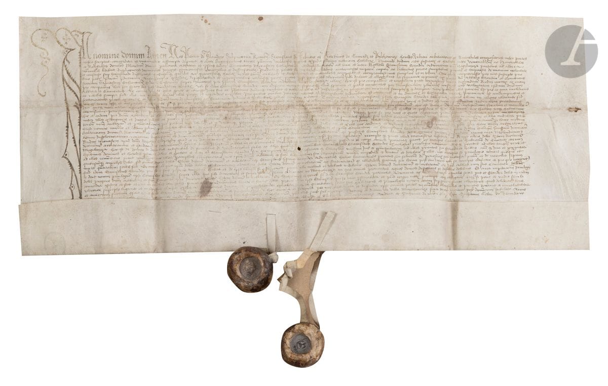 POLOGNE. Charte, 1475 ; vélin oblong in-fol. (24 x 57 cm), 2 sceaux de cire brune pendant sur queues ; en latin.


 Charte concernant l'abbaye cistercienne de Mogila, près de Cracovie.