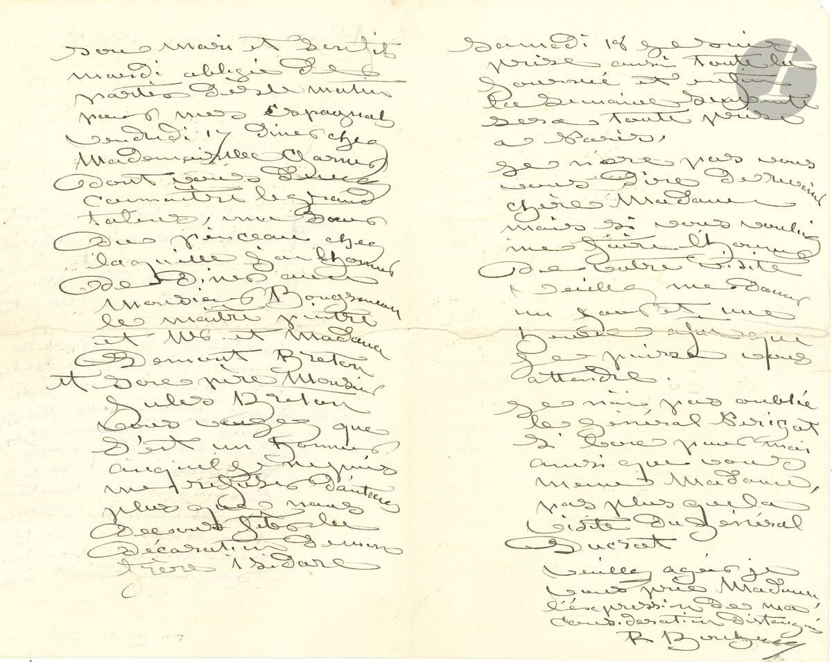 Rosa BONHEUR (1822-1899). L.A.S., By 12 mai 1895, à la générale Perigot à Melun ; 3 pages in-8 (fendue en deux et réparée), enveloppe.


 Elle regrette d'avoir manqué sa visite, ainsi que celle de Mme Auguste Ducrot ; elle était à Paris pour visiter le Salon. Elle est prise toute la semaine, et dîne le 17 chez Mlle Garner, " ma sœur du pinceau ", avec le " maître peintre " Bouguereau, Mme Demont-Breton et son père Jules Breton, pour " fêter la décoration de mon frère Isidore "... On joint une carte de visite autogr. avec enveloppe à la même.