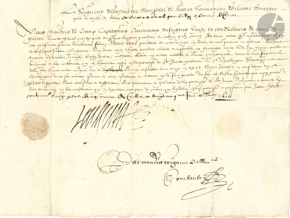 Claude de LA CHASTRE (1536-1614) maréchal de France, gouverneur du Berry. P.S., Chelles 25 juin 1610 ; 1 page oblong in-fol., sceau sous papier.


 Interdiction de loger des troupes ni de réquisitionner des bêtes ou vivres dans le lieu seigneurial de Launay et les métairies qui en dépendent.