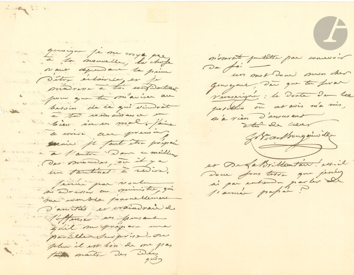 Hyacinthe, baron de BOUGAINVILLE (1781-1846) amiral, il fit un voyage autour du monde. 2 L.A.S., 1837, au baron Gourgaud ; 3 et 1 pages in-8 à son chiffre.


 23 janvier [1837], sur la publication de son Journal de la navigation autour du globe... : " mon ouvrage est enfin terminé et n'attends plus pour s'acheminer aux Tuileries, sous mon escorte, que d'avoir été mis en habit de cour. Il est entre les mains des tailleurs, et tandis qu'on le maroquine, qu'on le dore sur tranche &c &c ", il apprend qu'il figure sur un travail de retraite en préparation ; il prie Gourgaud de ses renseigner... - 24 juillet, le priant de mettre une demande sous les yeux du Roi pour une personne à qui il s'intéresse fort.
 On joint une P.S. (26 sept. 1832), reçu d'un exemplaire du Voyage de l'Uranie ; et une l.a.s. de Carteron avec 13 lignes a.s. de Bougainville (7 juin 1838).