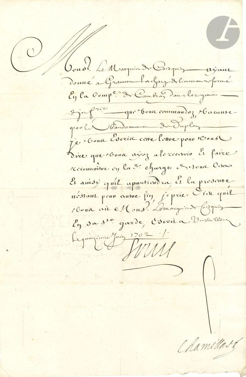 Famille de GRAMONT DE VILLEMONTÈS. 34 lettres ou pièces, 1693-1812 et s.d. (défauts à qqs doc.).


 Lettres et papiers militaires de cette famille, habitant le château de Lassalle à Calignac près Nérac.
 Certificat signé par le marquis de Monferrant pour la revue à Bazas (1693). 3 L.S.de Louis XIV (secrétaire), 1702-1712, donnant à Gramont la charge de lieutenant réformé en la compagnie de Cambray. Enrôlement d'un soldat dans l'artillerie du génie (Dunkerque 1757). Note de frais des " Bombardiers de Villemontetz " à Dunkerque, et compte des dépenses du capitaine de sa compagnie au bataillon de Soucy (1757). Carnet : " Etat des officiers par ancienneté et par Comp. du Bataillon de Soucy. Compte dressé pour son successeur à la compagnie (1758). Lettre de Villemontès à son frère, au camp sous Minden (juillet 1759, marque post. R. de Broglie). Lettre avec griffe du duc de Choiseul (1762). Lettre du major Raynaud annonçant à Villemontès la mort de son frère (au Cap juillet 1763). Lettre d'Antoine de la Galaizière pour la levée de la carte topographique d'Alsace (1785, déchirée). Relevé des naissances et morts et habitants d'Ensisheim (1787). L.S. du ministre de la Guerre Duportail (1791). Inventaire des effets trouvés dans la malle du citoyen Villemontès à l'hôpital de Zamora, signé par le général Lagenetière (octobre 1793). 2 minutes de lettres de Villemontès, chef de bataillon du génie (Nérac 1794, sur sa conduite à l'armée des Pyrénées orientales). Passeport signé par le prince de Condé (Feistritz 1801). 2 lettres de Louis de Gramont à son père (Mayence 1806, Cassel 1807). Etc. Plus 3 plans dessinés de forifications (Metz 1741).
 On joint un fort dossier d'extraits d'actes de mariage et baptême, certificats, testaments, inventaires, actes notariés, pièces de procédure, généalogies (dont un arbre), etc., concernant la famille de Gramont et apparentés, notamment autoour de Condom et Nérac, XVIIe-XVIIIe s.