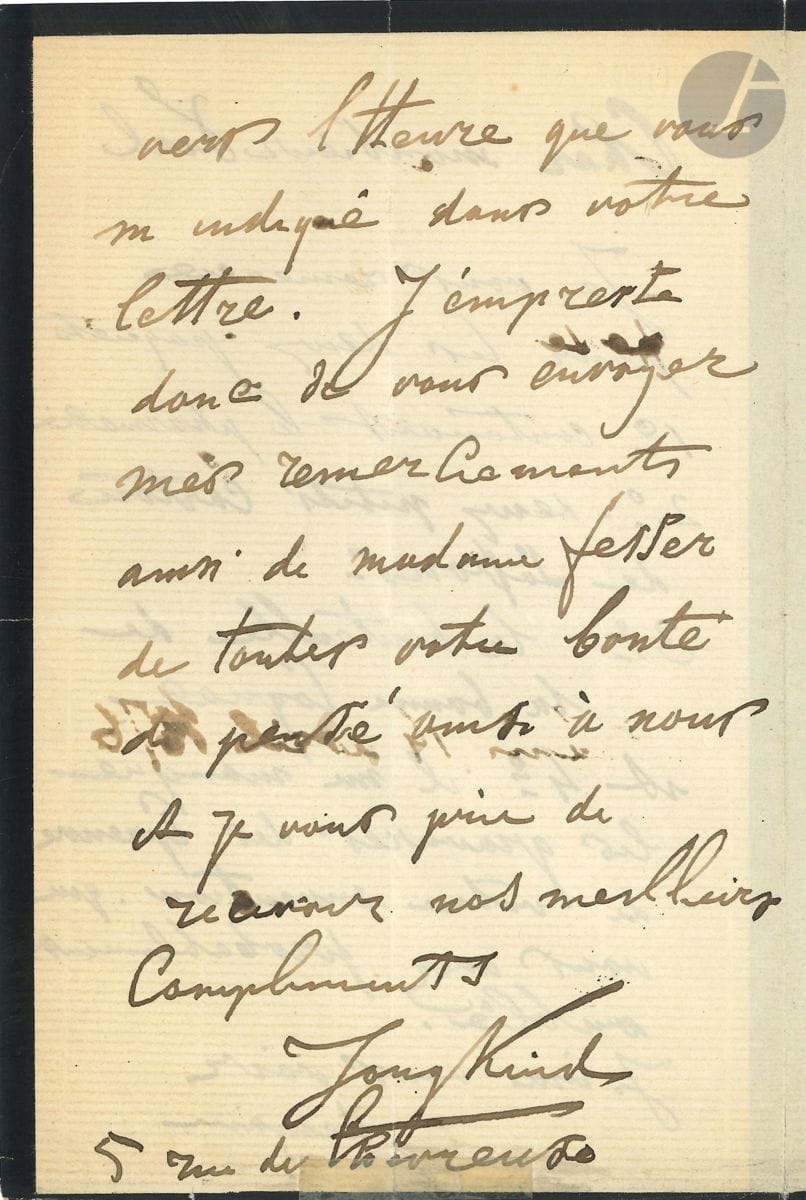 Johann Barthold JONGKIND (1819-1891). L.A.S., Paris 14 avril 1876, à M. Vial ; 2 pages et demie in-8 (deuil).


 Il remercie pour l'envoi de médicaments et d'une " bouteille de la bonne Cognac ", mais il manque " les gravures des épreuves de votre invention, que vous avez probablement oublié ". Il le remercie, et ira le voir avecMme Fesser.