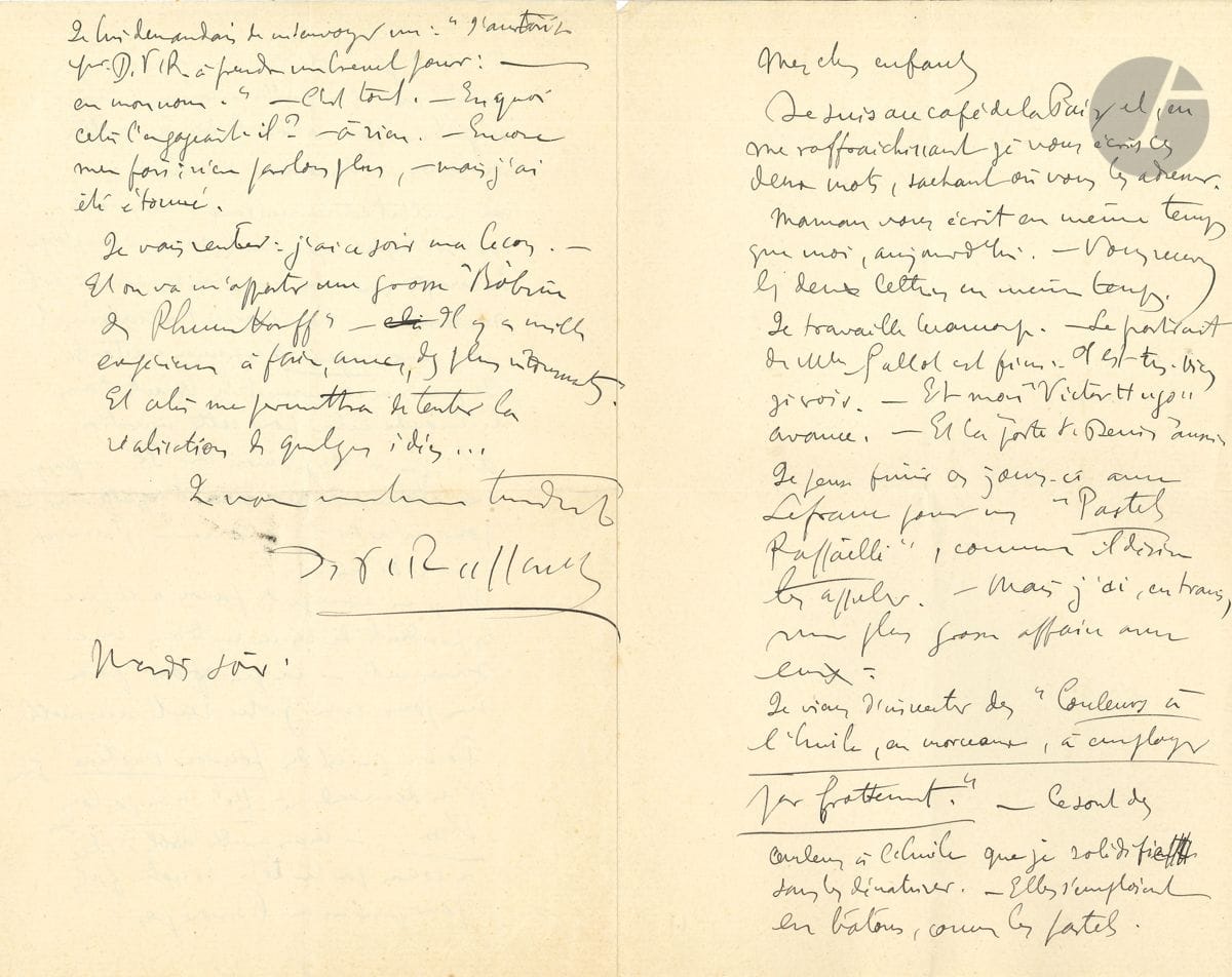 Jean-François RAFFAËLLI (1850-1924). 8 L.A.S. 1902 et s.d., à ses " chers enfants ", sa fille Germaine et son gendre Félix Chevrier de Beauchesne ; 22 pages in-8.


 La fille de Raffaëlli, Germaine, vient d'épouser Félix Chevrier de Beauchesne et ils sont en voyage de noces en Italie ; le père se réjouit du bonheur de sa fille, même si elle lui manque et si la maison lui semble vide. Il leur écrit des lettres affectueuses, raconte la vie quotidienne et mondaine, déjeuners, dîners, sorties : " Demain nous recevons la veuve de Johann Strauss, le grand compositeur viennois. - Mardi Montesquiou nous a invités à un petit goûter intime au Pavillon des Muses. - Mercredi noces d'argent des Marc " ; il donne des nouvelles des amis : " les Barrès sont à Hyères " ; il envoie à Félix un extrait de catalogue où figure un ouvrage de M. de Beauchesne sur Madame Élisabeth. Il parle de son travail : " J'ai travaillé dans ma voiture ce matin à mon tableau de la "Porte St Denis" - un tableau important que vous n'avez pas encore vu. [...] Mon Victor Hugo commence enfin à marcher !... Le portrait est fini. Il n'est pas trop mal. ". " Je travaille beaucoup. - Le portrait de Mlle Gallot est fini. Il est très bien je crois. - Et mon "Victor Hugo" avance. - Et la Porte St Denis aussi"...Il va recevoir une bobine de Ruhmkorff (générateur électrique) : " Il y a mille expériences à faire avec, des plus étonnantes. Et cela me permettra de tenter la réalisation de quelques idées "... Il a reçu un " stéréoscope avec une dizaine de vues représentant ... votre mariage sortant de l'église !!! C'est absolument délicieux. Il faut voir Germaine, réservée, discrète, gentille, un peu effarouchée au bras de Félix, absolument vainqueur ! "...
Mais la grande affaire est son invention des " "couleurs à l'huile, en morceaux à employer par frottement". Ce sont des couleurs à l'huile que je solidifie sans les dénaturer. Elles s'emploient en bâtons, comme les pastels [...] Le résultat est merveilleux. Les bâtons sont solides et cependant doux à employer. Je compte que cela va bouleverser l'art moderne. Car l'art est étroitement uni aux moyens d'expression existants. Je prends en ce moment des brevets dans le monde entier ". Il va les proposer à Lefranc, qui fabrique déjà le " Pastel Raffaëlli ". Il s'inquiète de ne pas avoir de réponse pour sa demande de brevet en Allemagne : " Il y a de quoi car j'ai la certitude d'avoir là une grosse, grosse affaire en mains ! "...
 On joint 13 l.a.s. de sa femme Rosine (une avec un post-scriptum du peintre), aux mêmes pendant leur voyage de nocs en Italie, où elle les suit par la pensée ; plus une lettre à elle adressée au sujet du mariage de sa fille ; et le manuscrit d'une étude de Florence Heywood sur Raffaëlli (8 p. et demie in-4).