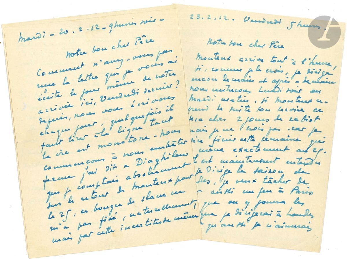 Désiré-Émile INGHELBRECHT (1880-1965). 5 L.A.S., 1912-1923, à son beau-père Alexandre Steinlen ; 18 pages in-8, 3 enveloppes.


 Vienne, février 1912 : il évoque longuement Diaghilev et Pierre Monteux : " J'ai dit à Diaghilew que je comptais absolument sur le retour de Monteux pour le 25, ce bougre de slave ne m'a pas fixé, naturellement [...] il est un peu beaucoup assommant le Serge Pavlovitch avec ses quotidiennes critiques, il a la manie de l'observation et je crois que Monteux laisse dire et n'en souffre pas mais moi, vous savez n'est-ce-pas, ce n'est pas du tout la même chose "... Monteux, qu'il remplace, va prendre sa suite, et lui va diriger la saison de Londres et espère diriger à Paris. - Lugano 13 juillet 1913 : avec sa femme, ils ont quitté Bâle et s'installent au Palace Hotel à Lugano ; ils font un tour sur le lac et visitent la ville " qui parait très joliment italienne ". - De retour à Jouy-la-Fontaine (5 août 1913), il se plaint que Gabriel Astruc lui refuse toute augmentation, et il exigera " par contrat 15 jours de liberté pour la Russie, les représentations de la Nursery et la possibilité de faire, si on me les offre, les représentations Rubinstein "... - 15.IX.1923, à son " bon Père aimé ", qu'il aimerait voir ; il " serre la main à la brave Massa "...
 On joint 4 l.a.s. (une incomplète) de sa femme Colette Steinlen à son père.