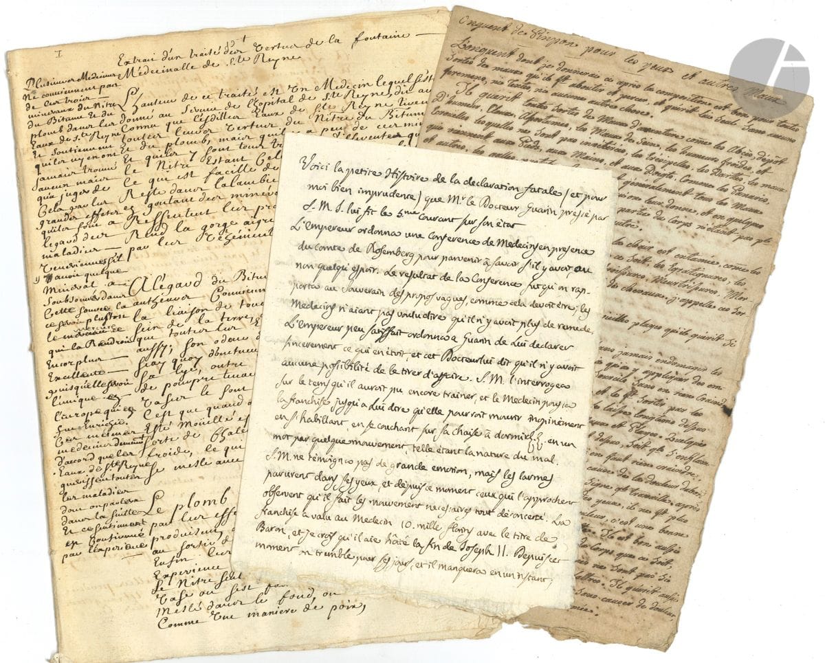 MÉDECINE et SCIENCE. 4 manuscrits, XVIIIe s.


 " Onguent de Pinpon pour les yeux et autres maux " (2 p. in-fol.). - " Extrait d'un traité des vertus de la fontaine médecinalle de Ste Reyne " (cahier de 15 p. in-fol.) ; un note indique que l'auteur en serait le Dr Coutier (†1708) de Vitteaux. - Mémoire scientifique en 154 points (manquent le début, nos 1 à 8) sur la pression de l'atmosphère et la composition de l'air. - Nouvelle à la main sur la mort de l'empereur Joseph II et son médecin le Dr Guarin, Vienne 11 février 1790 (1 p. et quart in-4)..