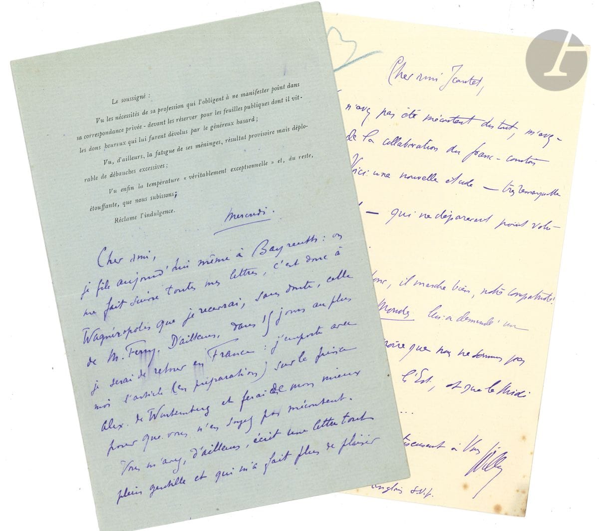 WILLY. 6 L.A.S, 1896- 1900, à Félix Jeantet ; 8 pages in-8, 5 enveloppes.


 1896. Sa femme [Colette] est gravement malade et il a toutes les peines du monde à l'empêcher de sortir ; elle n'est pas guérie ; " (Entre nous c'est un potin venimeux, et faux, de cette vieille Caillavet, bas-bleu hystérique, qui l'a fichue dans cet état. Quelque jour, je vous conterai cela ". Il lui envoie des coupures et des articles pour son journal [la Revue hebdomadaire]. Août 1899. Il part pour Bayreuth : " Je pense comme vous que les mouchards sont moins répugnants que les youtres et les protestants : ceci vient sans doute de ce que les protestants et les youtres sont plus mouchards que les mouchards professionnels ". 21 août 1900 : il vient de relire le livre de Jeantet Les Amours d'un prince naïf et lui envoie son roman pour la Revue, Amour Astral : " C'est une manière de revue fin de siècle (oh ! le mot stupide !) où les personnalités du monde qui pense et esthétise défilent, pseudonymées, en des décors nouveaux, exacts. [...] Le héros est un bon vieux jeune homme encore pas mal ingénu. [...] L'héroïne, elle, créature forgée avec les éléments (selon la théorie de certains hermétistes) c'est l'illusion, et aussi l'ironie, personnifiée en l'éternel féminin "...
 On joint une coupure de presse de L'Ouvreuse (1905).
