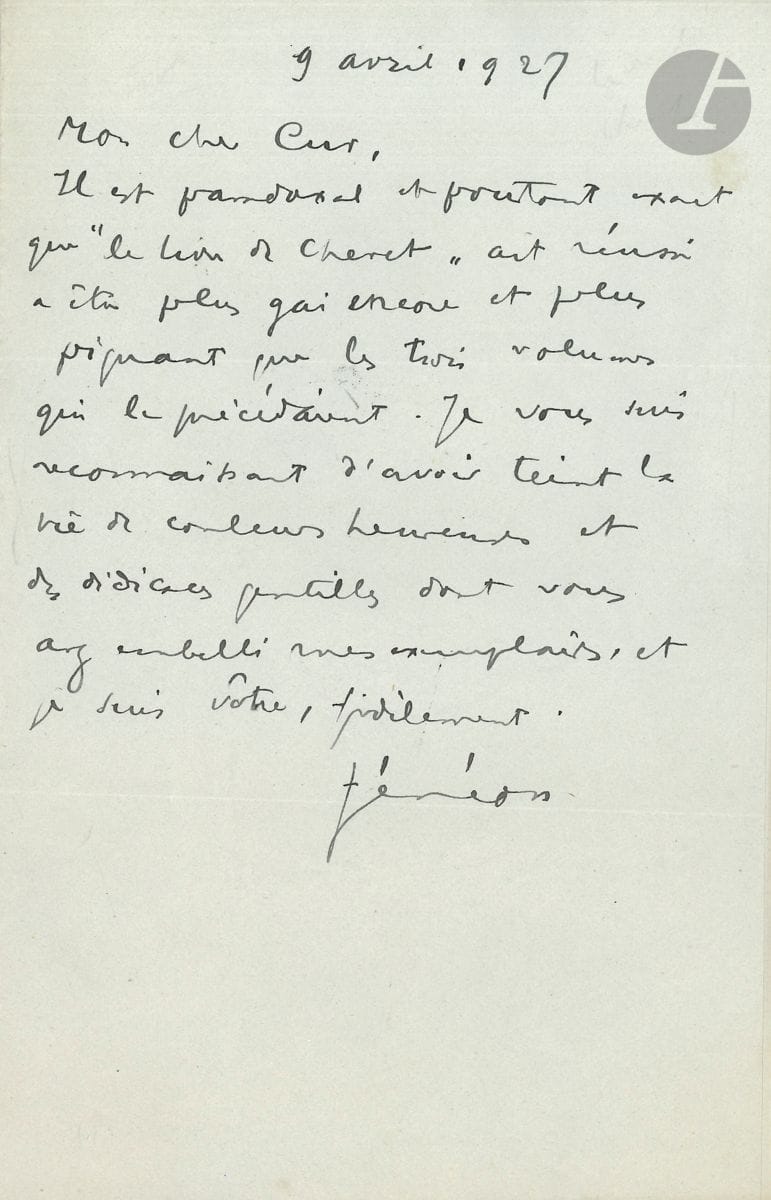 Félix FÉNÉON (1861-1944). L.A.S., 9 avril 1927, à Maurice Curnonsky ; 2/3  page in-8.


 " Il est paradoxal et pourtant exact que le Livre de chevet ait réussi à être plus gai encore et plus piquant que les trois volumes qui le précédaient. Je vous suis reconnaissant d'avoir teint la vie de couleurs heureuses et des dédicaces gentilles dont vous avez embelli mes exemplaires "...