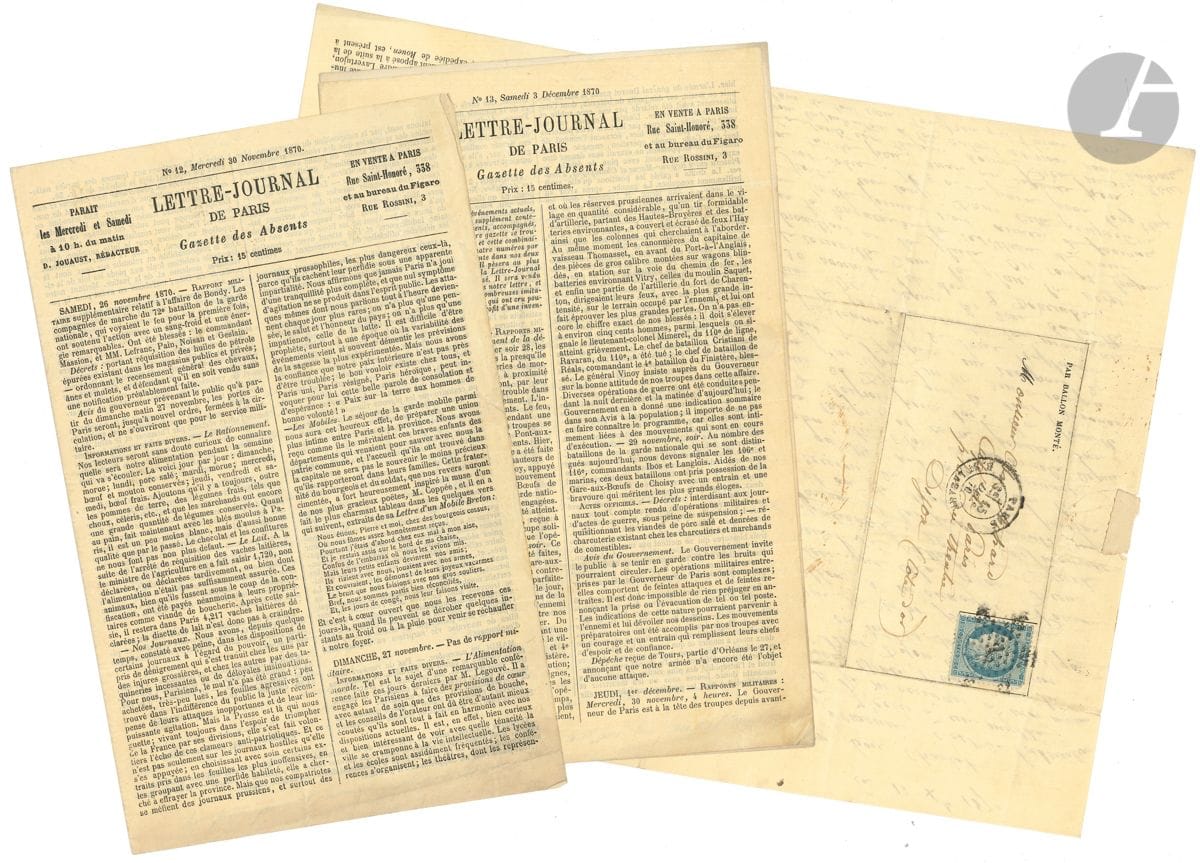 GUERRE DE 1870. 18 L.A.S. de Léon Achard, Paris novembre 1870-janvier 1871, à son frère Charles Achard au Café de Paris à Dijon ; 1 page in-8 chaque sur la dernière page de 18 numéros de la Lettre-Journal de Paris, Gazette des Absents, adresses avec timbre et cachets postaux.


 Ensemble de lettres envoyées par ballon monté.
 Numéros 12 à 14, 16 à 28, 30 et 32 de la Lettre-Journal de Paris, Gazette des Absents, du 30 novembre 1870 au 26 janvier 1871, avec lettres sur la dernière page, donnant des nouvelles des combats autour de Paris, de la vie dans Paris assiégé... Les lettres ont été acheminée par les ballons le Franklin, le Colonel Renault (2), le Parmentier, le Lavoisier, le Tourville, le Bayard, le Newton (2), le Gambetta, le Général Faidherbe, le Vaucanson, le Général Bourbaki, le Torricelli, le Général Cambronne...
 On joint le livret militaire de Charles Achard ; et une étude sur les ballons du Siège de Paris.