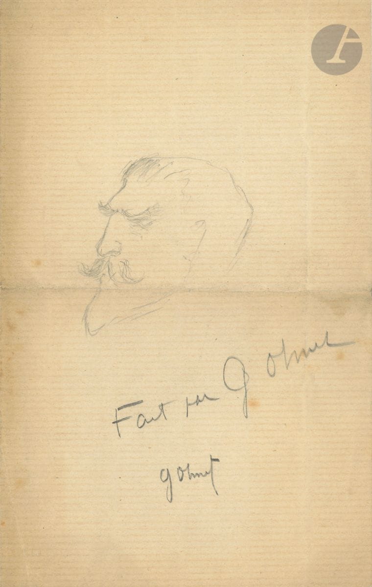 [Rodolphe SALIS (1851-1897) humoriste, créateur du cabaret du Chat Noir]. Portrait par Georges OHNET (1848-1918) ; mine de plob, sur 1 page in-8.


 Tête de Salis, de profil, avec annotation : " Fait par G. Ohnet ".