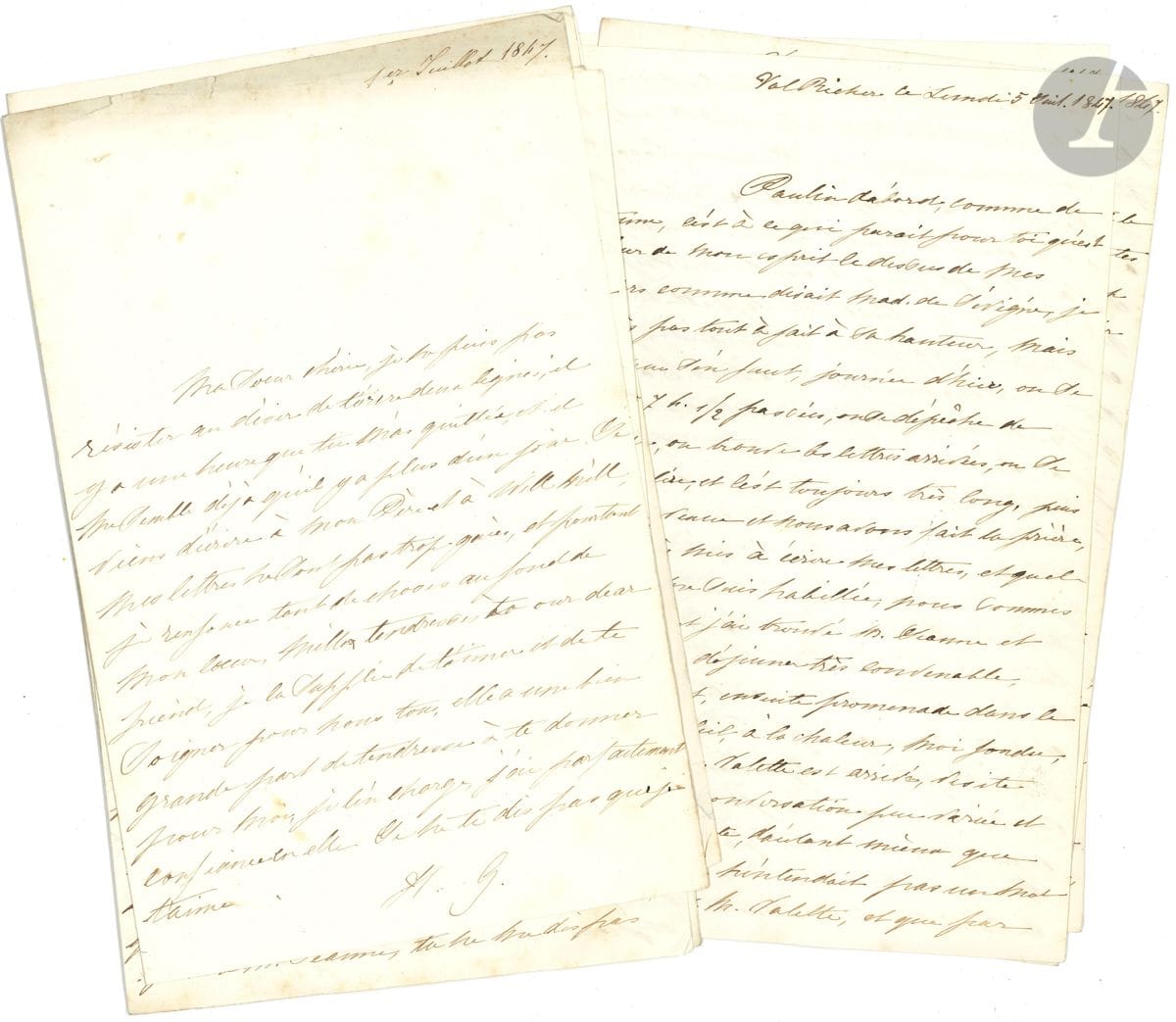 Henriette GUIZOT, Mme Conrad de WITT (1829-1908) fille aînée de Guizot, femme de lettres. 38 L.A.S. " H.G. ", juillet-août 1847 et s.d., à Pauline Guizot ; environ 130 pages in-8.


 Belle correspondance à sa sœur Pauline.
 Henriette écrit quotidiennement à sa " sœur chérie ", racontant ses occupations, dont la lecture de la Bible, et donnant des nouvelles de leur père, de leur frère Guillaume, et de leur grand-mère (Élisabeth Guizot, qui écrit également 2 lettres).... Les lettres, pleines de tendresse et d'affection, sont écrites du Val Richer (4-20 juillet), puis de Trouville (23 juillet-12 août) ; 
 On joint la copie ancienne des lettres de Pauline et Henriette Guizot à leur future belle-sœur Élisabeth dite Betsy de Witt (1826-1901), du 27 février au 11 octobre 1849, suivie des lettres de Cornélis deWitt à sa sœur Élisabeth, de 1848 à 1850 (env. 130 pages in-4).