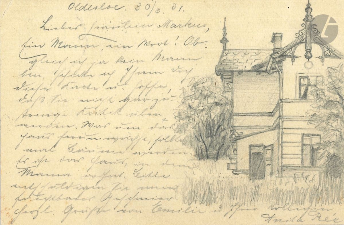 Anita RÉE (1885-1933). L.A.S. avec dessin, Oldesloe 30 juin 1901, à Fräulein Toni Martens à Hambourg ; 1 page oblong in-12 au crayon, adresse au verso (Postkarte) ; en allemand.


 Carte de jeunesse, illustrée d'un dessin de maison à la mine de plomb. Lettre amicale, illustrée du dessin de sa maison.