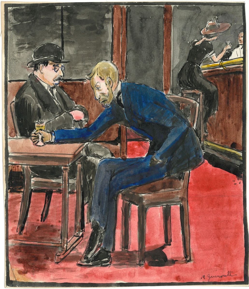 [Paul-Jean TOULET]. Maurice GUÉROULT (1875-ca 1930). 4 dessins originaux signés ; environ 20 x 20 cm.


 Scènes de la vie de Toulet et de Curnonsky. [Guéroult a illustré le Nocturne élyséen de Toulet dans La Revue illustrée, 15 août 1905.]
 Toulet rendant visite à son voisin Curnonsky (ils habitaient le même immeuble, 14 square de Laborde), lavis et gouache.
 Toulet et Curnonsky au bar du Café de la Paix, aquarelle gouachée.
 Une dame rendant visite à Curnonsky, lavis et gouache, titre au dos : " Five o'clock chez Curnonsky ".
 Une dame dans le cabinet de travail-bibliothèque de Curnonsky, lavis et gouache.