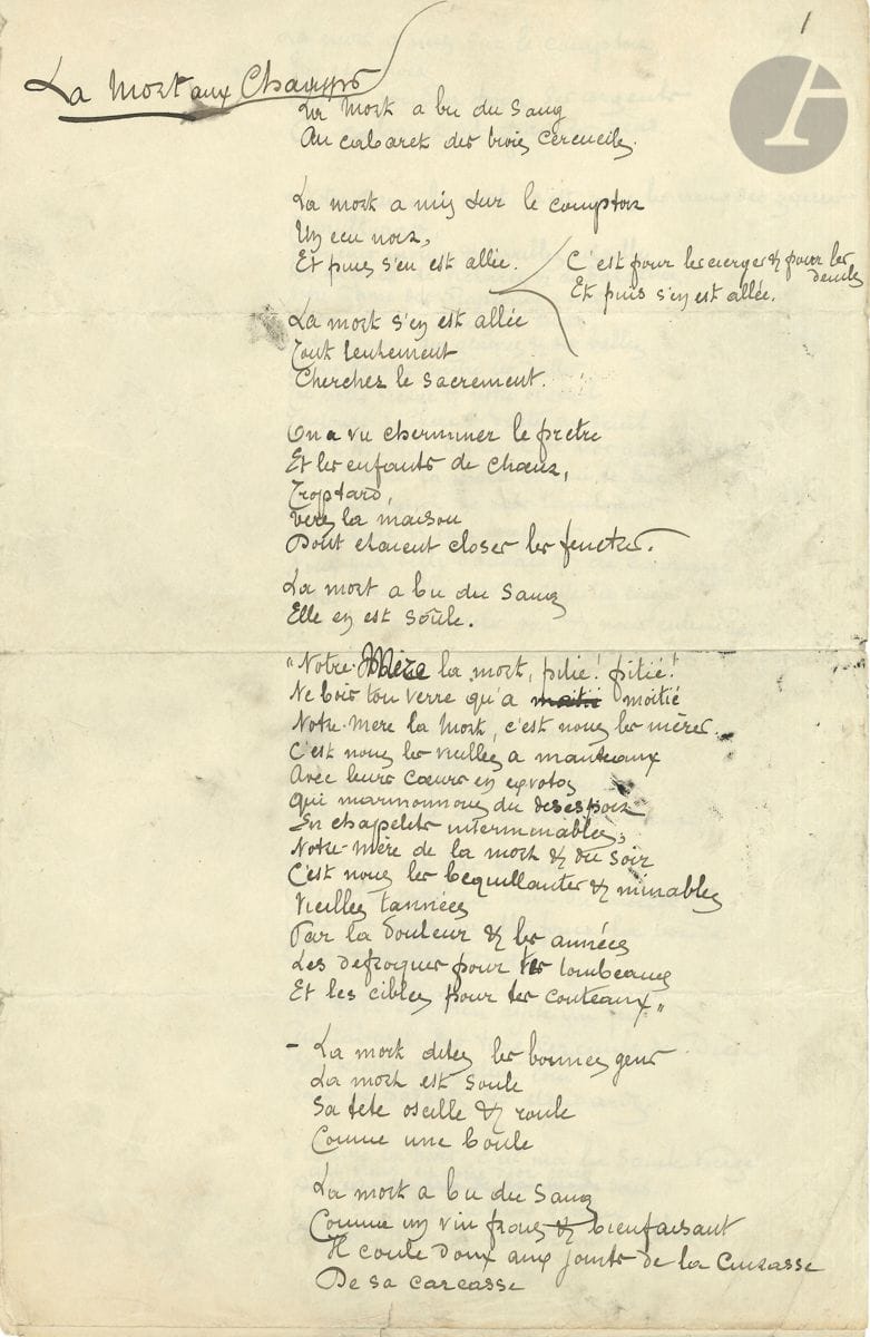 Émile VERHAEREN (1855-1916). Poème autographe signé, La Mort aux Champs, [1893 ?] ; 4 pages et demie in-fol. (le 5e et dernier feuillet fendu en deux).


 Manuscrit du poème Le Fléau du recueil Les Campagnes hallucinées (Deman, 1893).
 Le manuscrit, à l'encre noire, a servi à l'impression dans une revue ; il porte le titre primitif du poème, La Mort aux Champs, et présente quelques ratures et corrections ; les vers 6 et 7 ont été ajoutés en marge.
                        " La mort a bu du sang
                           Au cabaret des trois cercueils "...